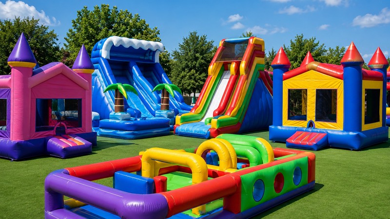 Brinquedos infláveis e cama elástica disponíveis para aluguel em festa infantil