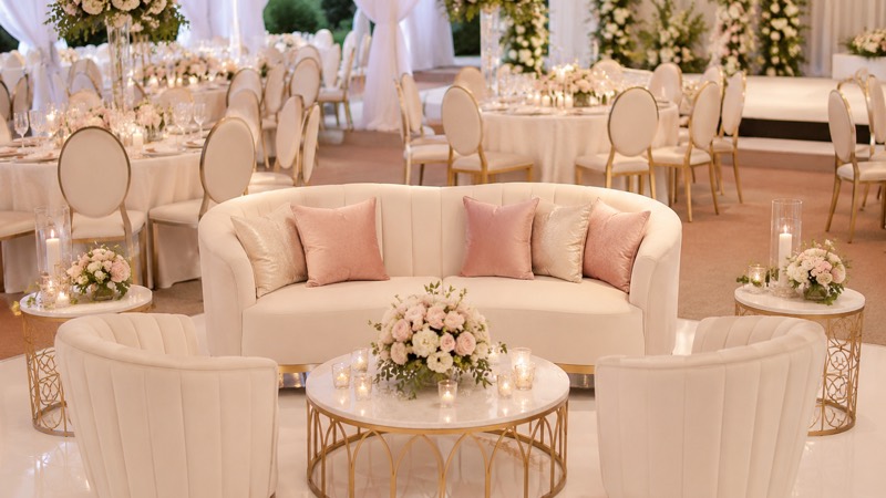 Mesas, cadeiras e lounge preparados para locação em casamento